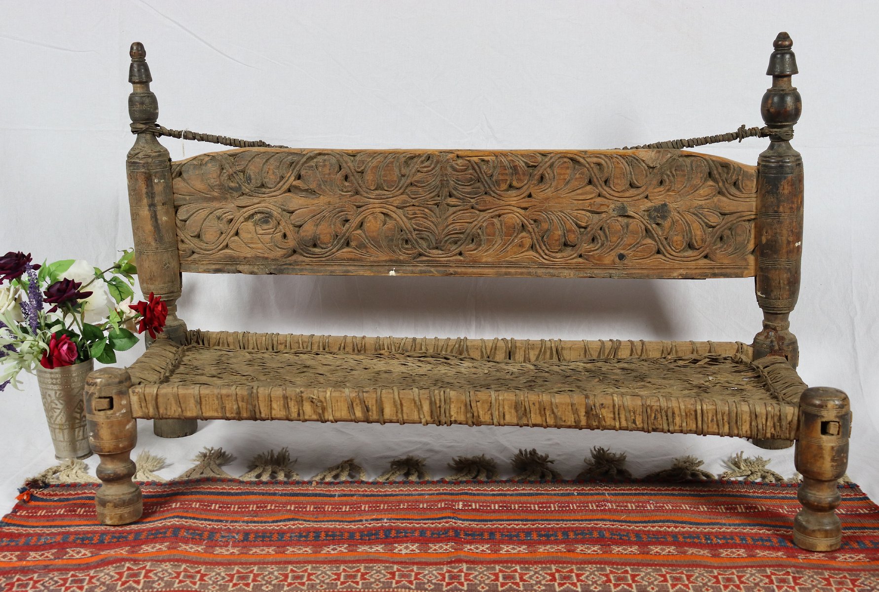 Low 2-Seater Cedar Chair, Nuristan, Afghanistan, 1890s for sale at Pamono