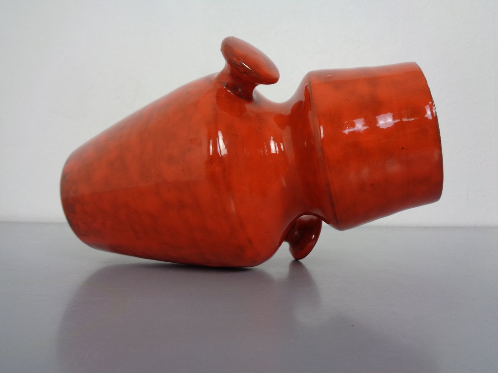 Italian Orange Ceramic Studio Vase with Handle, 1970s for sale at Pamono