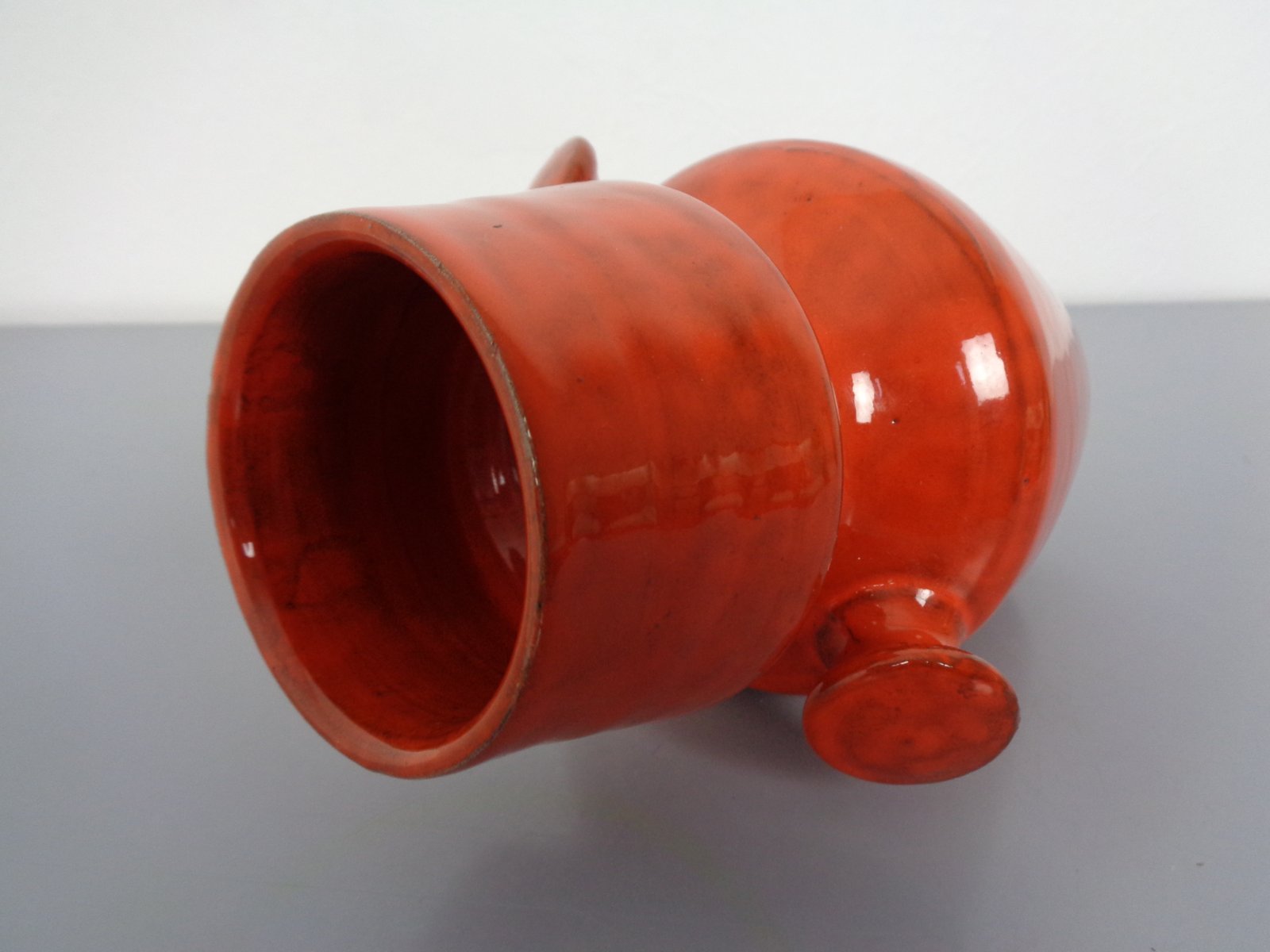 Italian Orange Ceramic Studio Vase with Handle, 1970s for sale at Pamono