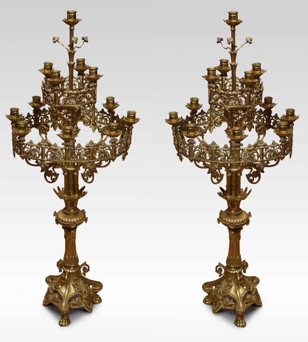 Large 19th Century Gothic Revival Brass Candelabras, Set of 2 for sale
