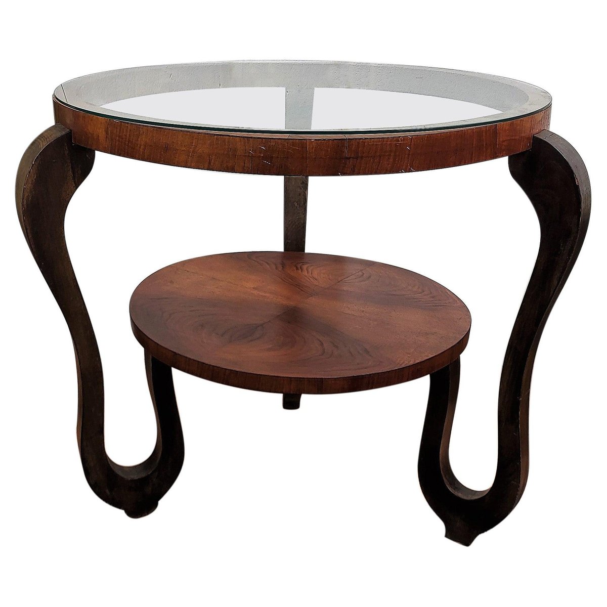 Italian Art Deco Briar Burl Wood and Glass Round Center Coffee Table, 1940s for sale at Pamono