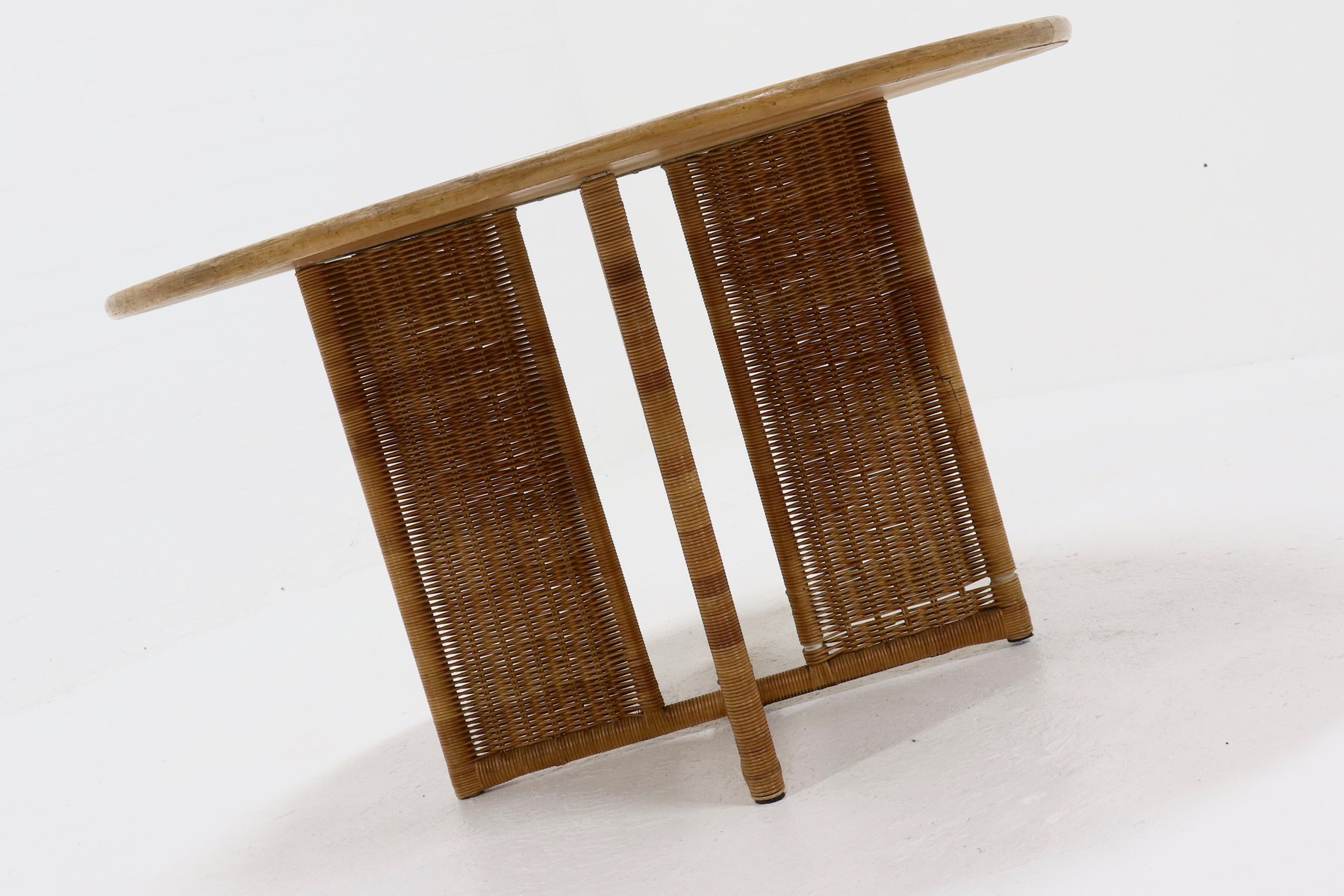 Rattan and Oak Dining Table by Luit Van Der Helm, Netherlands, 1980s