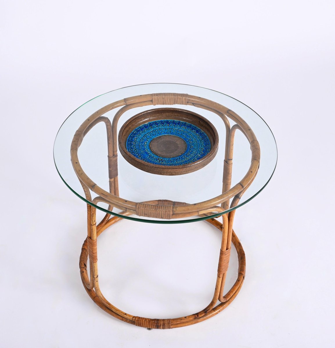 MidCentury Italian Round Rattan & Bamboo Coffee Table with Glass Shelf