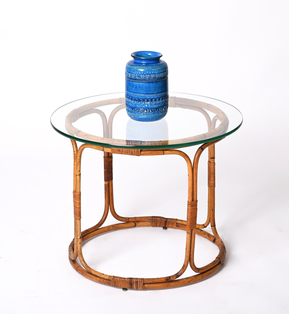 MidCentury Italian Round Rattan & Bamboo Coffee Table with Glass Shelf