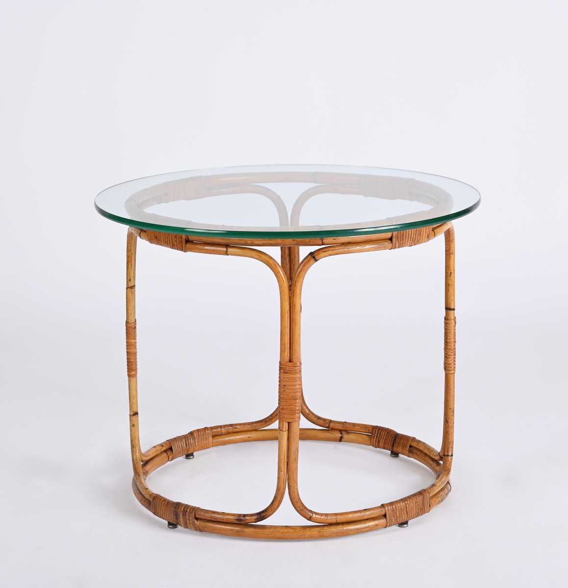 MidCentury Italian Round Rattan & Bamboo Coffee Table with Glass Shelf
