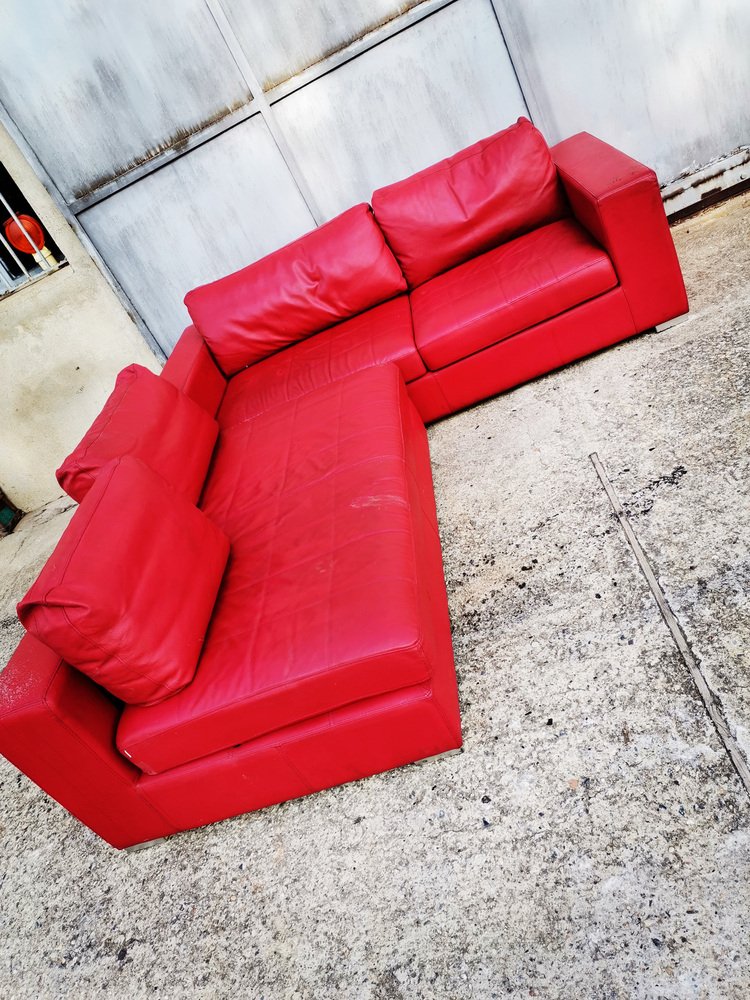 Vintage Sofa & Chaise Lounge in Red Leather, Set of 2 for sale at Pamono