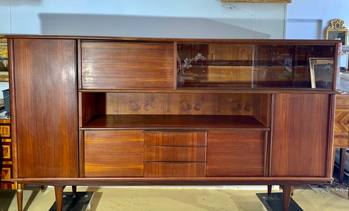 Credenza alta in teak, Scandinavia, anni '40 in vendita su Pamono
