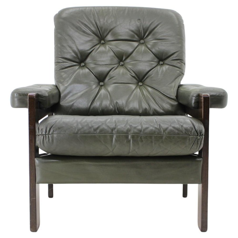 Dark Green Leather Armchair, Denmark, 1970s for sale at Pamono