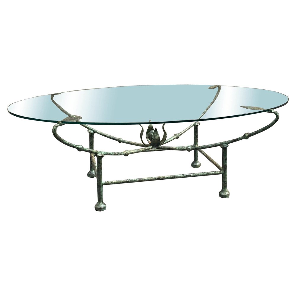 Oval Wrought Iron Coffee Table with Glass Top in the Style of