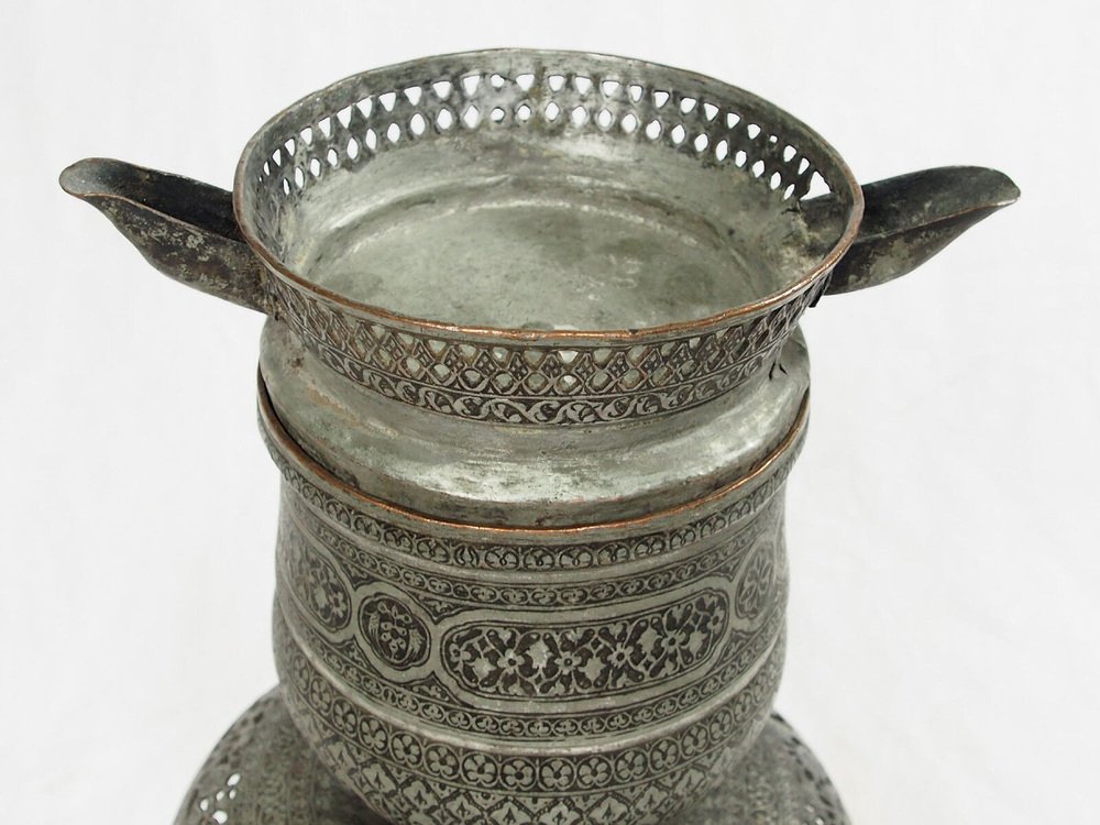 Antique Central Asian Copper Tinned Islamic Engraved Oil Lamp, 1890s