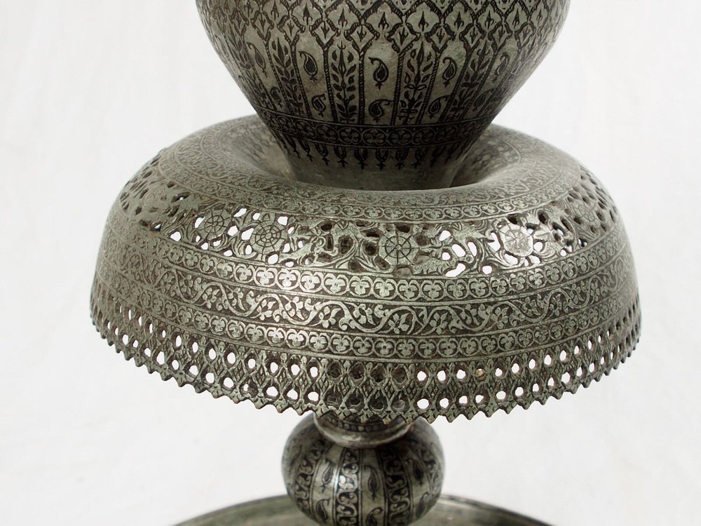 Antique Central Asian Copper Tinned Islamic Engraved Oil Lamp, 1890s