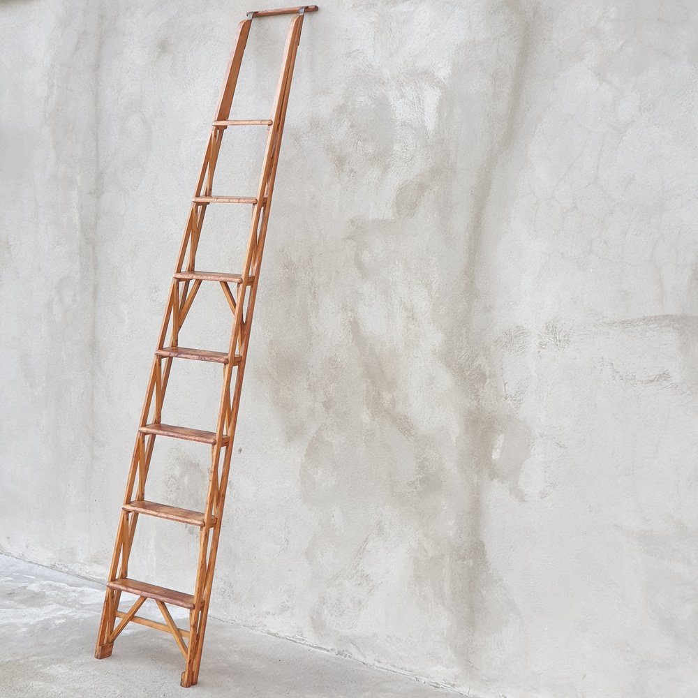 Wood and Brass Bookcase Ladder, 1950s for sale at Pamono