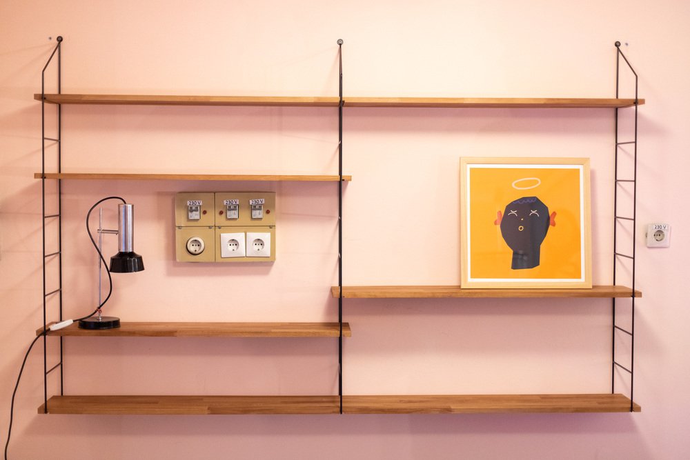 Large Black Wall Unit with Wooden Shelves, 1960s for sale at Pamono