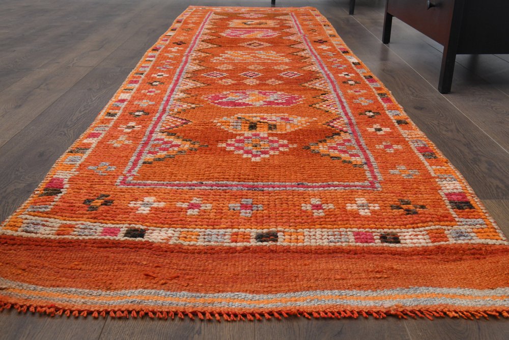 Vintage Turkish Orange Wool Rustic Runner Rug, 1950s for sale at Pamono