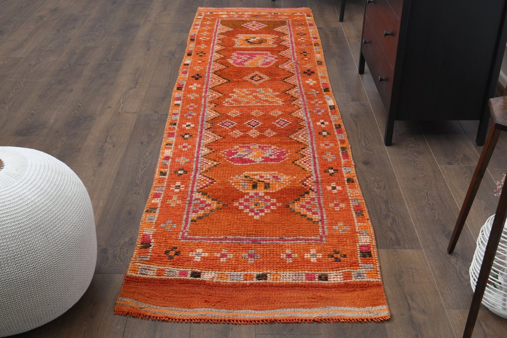 Vintage Turkish Orange Wool Rustic Runner Rug, 1950s for sale at Pamono