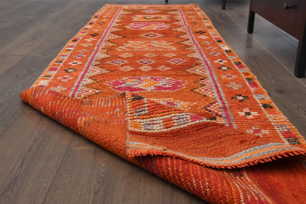 Vintage Turkish Orange Wool Rustic Runner Rug, 1950s for sale at Pamono