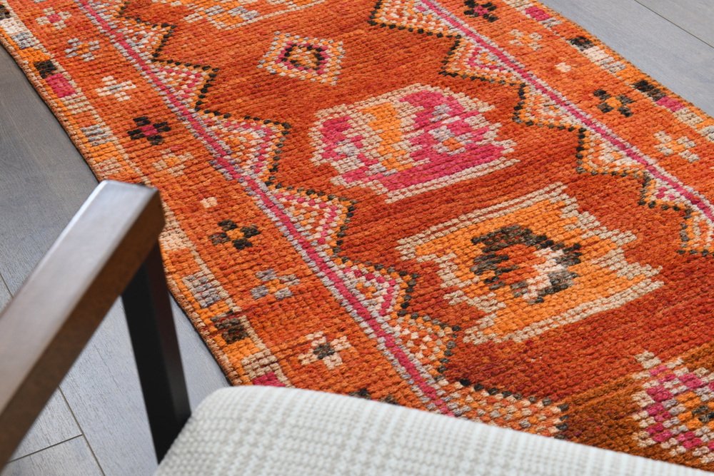 Vintage Turkish Orange Wool Rustic Runner Rug, 1950s for sale at Pamono