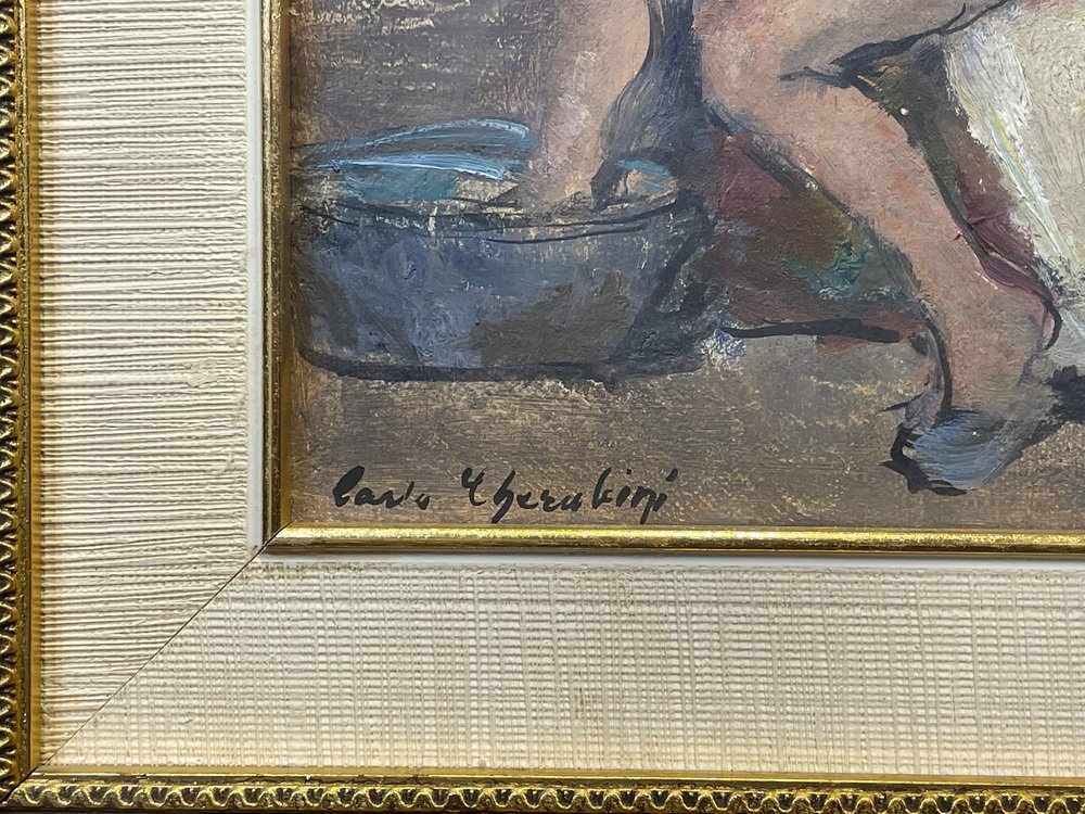 Carlo Cherubini, Female Nude and Masked Figures in Venice, 1950s, Oil