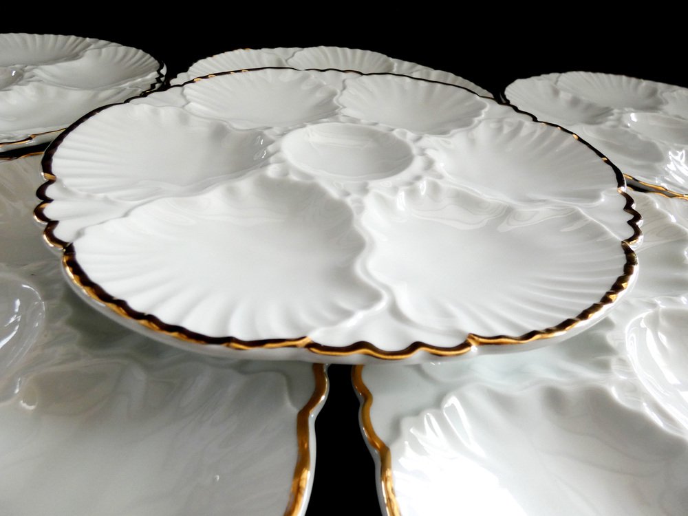 Vintage Belgian White Oyster Plates in Porcelain, 1940s, Set of 6 for