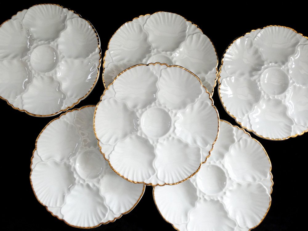 Vintage Belgian White Oyster Plates in Porcelain, 1940s, Set of 6 for