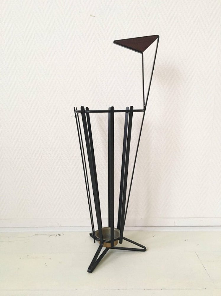 Metal and Teak Tripod Umbrella Stand in Style of Mathieu Matégot, 1950s