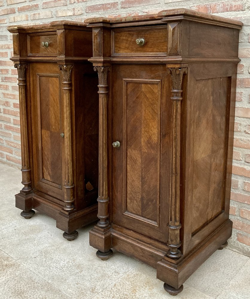Antique Louis XVI Nightstands with Red Marble Top, 1890s, Set of 2 for