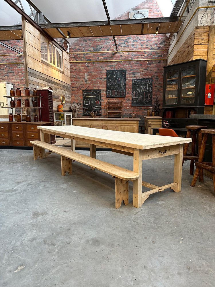 Large Farmhouse Dining Table & Bench, 1950s, Set of 2 for sale at Pamono