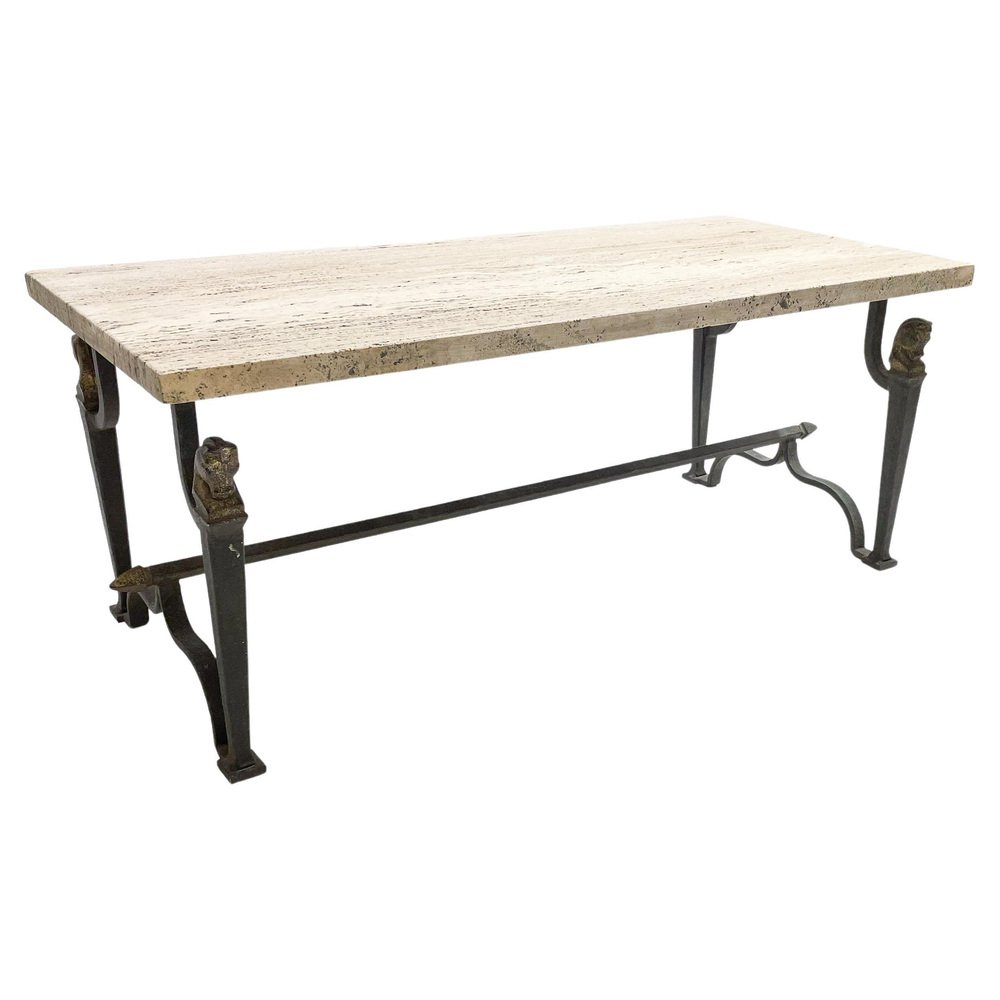 MidCentury Wrought Iron and Travertine Coffee Table, 1940s for sale at