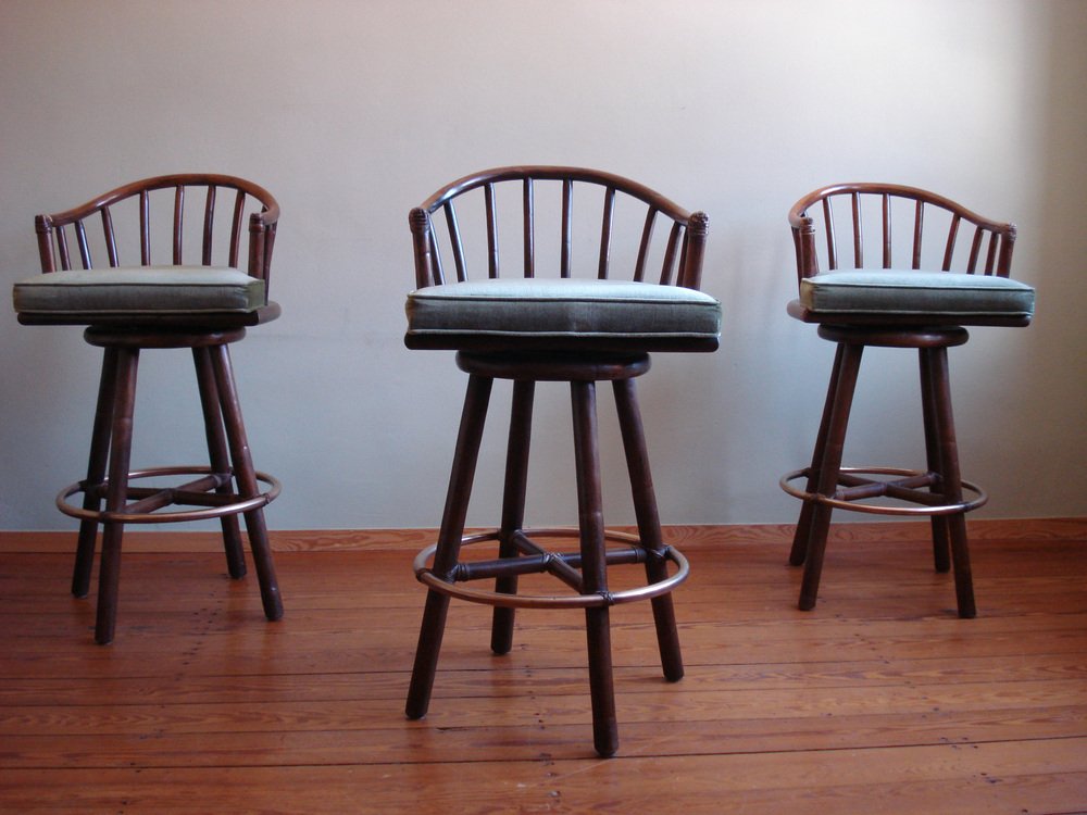 Vintage Rattan Bar Stools from McGuire, 1970s, Set of 3 for sale at Pamono