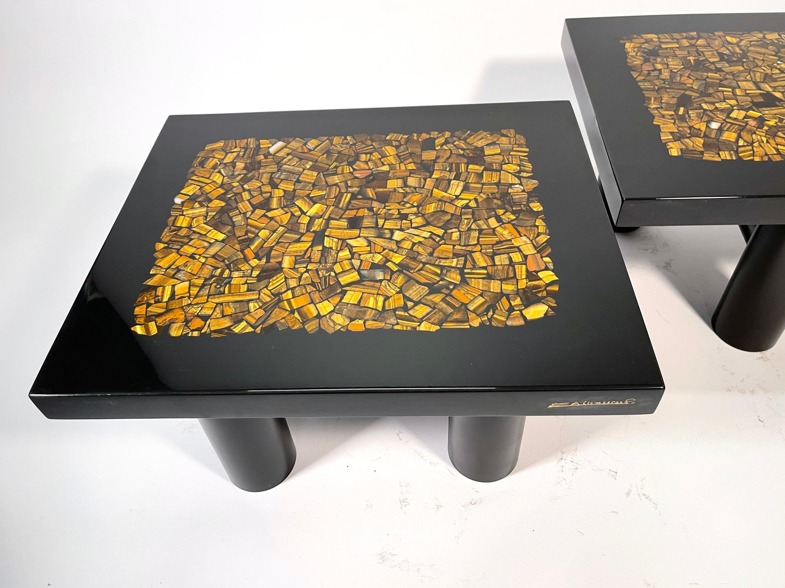 Side Tables by E. Allemeersch Black Resin Inlay Tiger Eyes, Set of 2