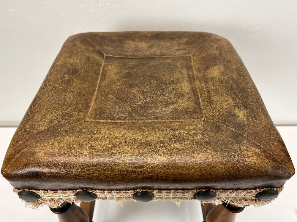 MidCentury Oak and Leather Stool in Spanish Style, 1970s for sale at