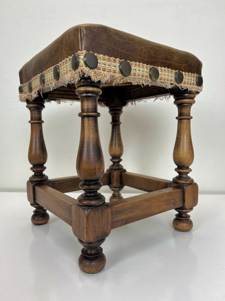 MidCentury Oak and Leather Stool in Spanish Style, 1970s for sale at