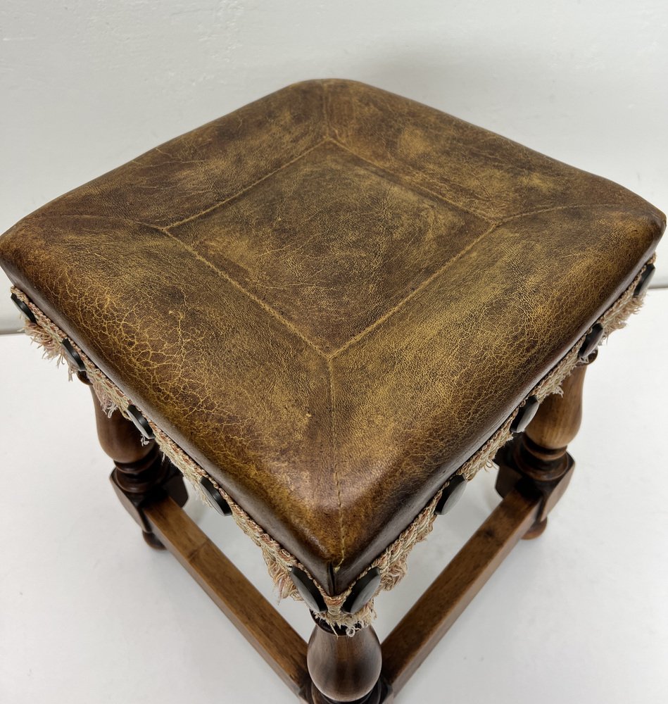 MidCentury Oak and Leather Stool in Spanish Style, 1970s for sale at