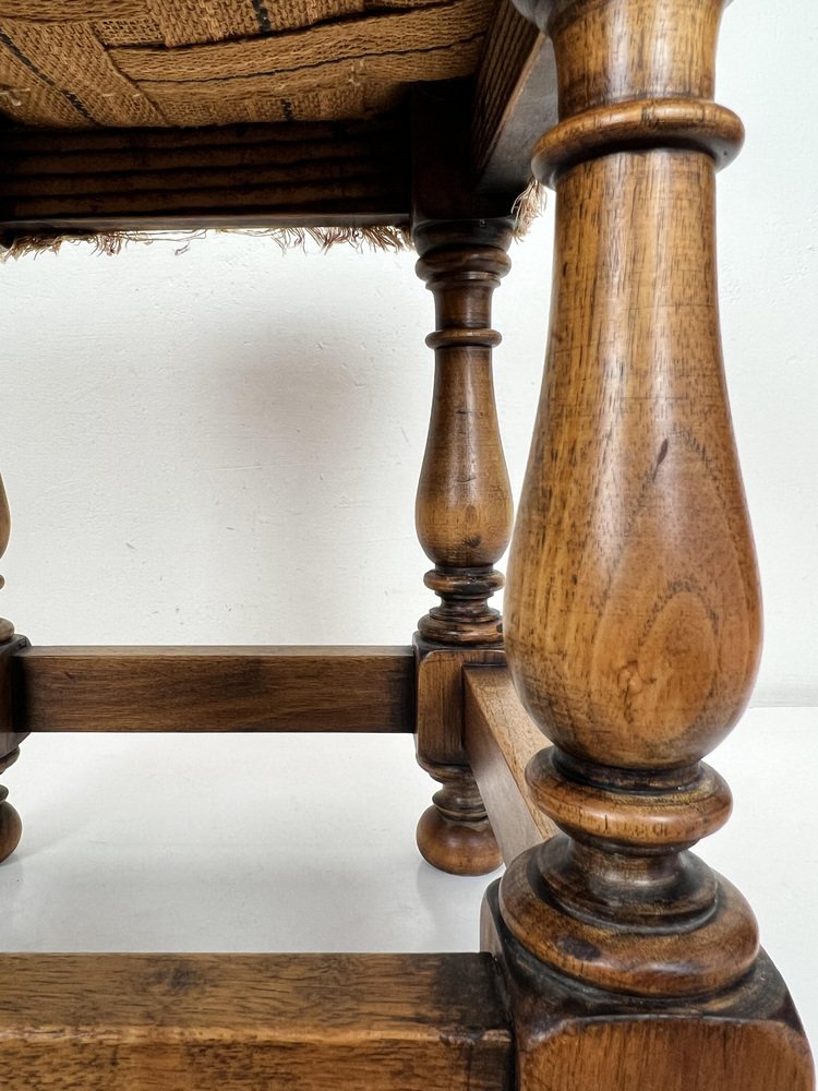 MidCentury Oak and Leather Stool in Spanish Style, 1970s for sale at