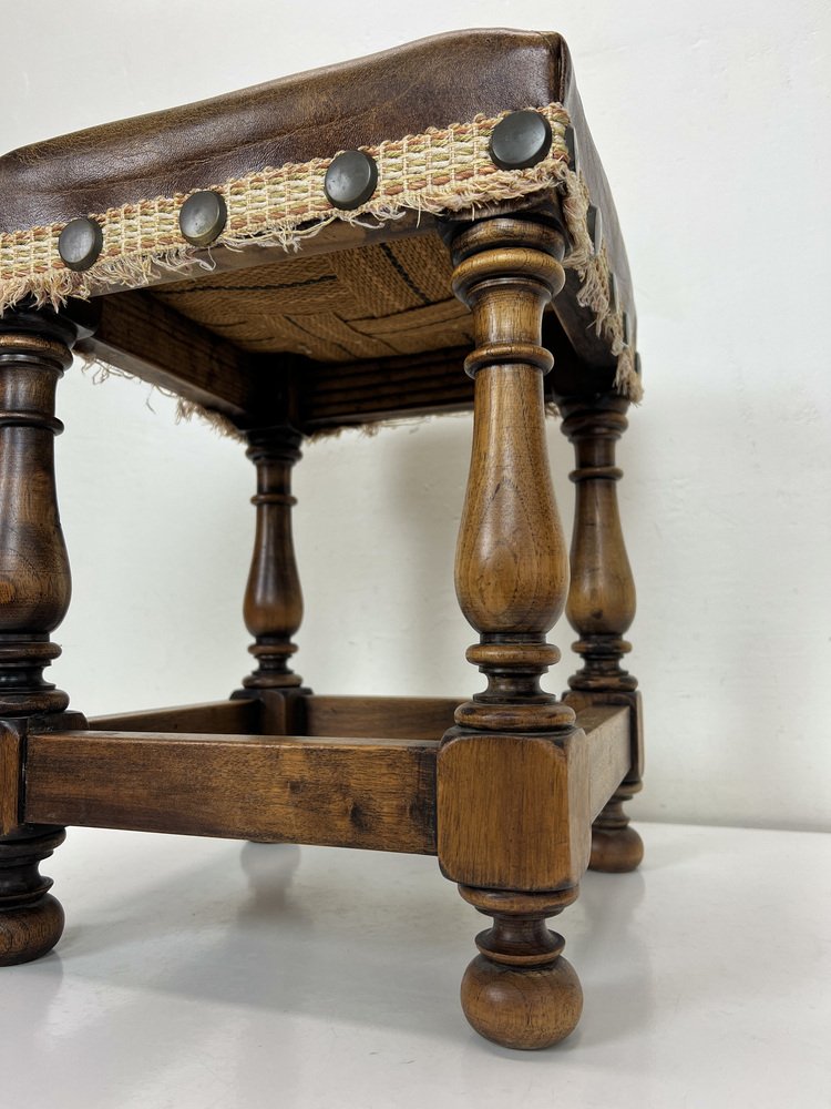 MidCentury Oak and Leather Stool in Spanish Style, 1970s for sale at
