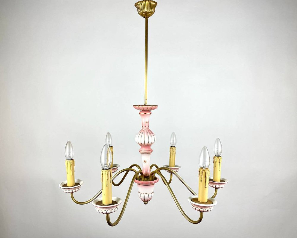 Vintage Ceramic & Gilt Brass Chandelier for sale at Pamono