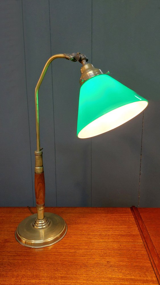 Lampe De Bureau Artémérferro – Verre Vert Et Laiton Poli – Style Vieux – E27