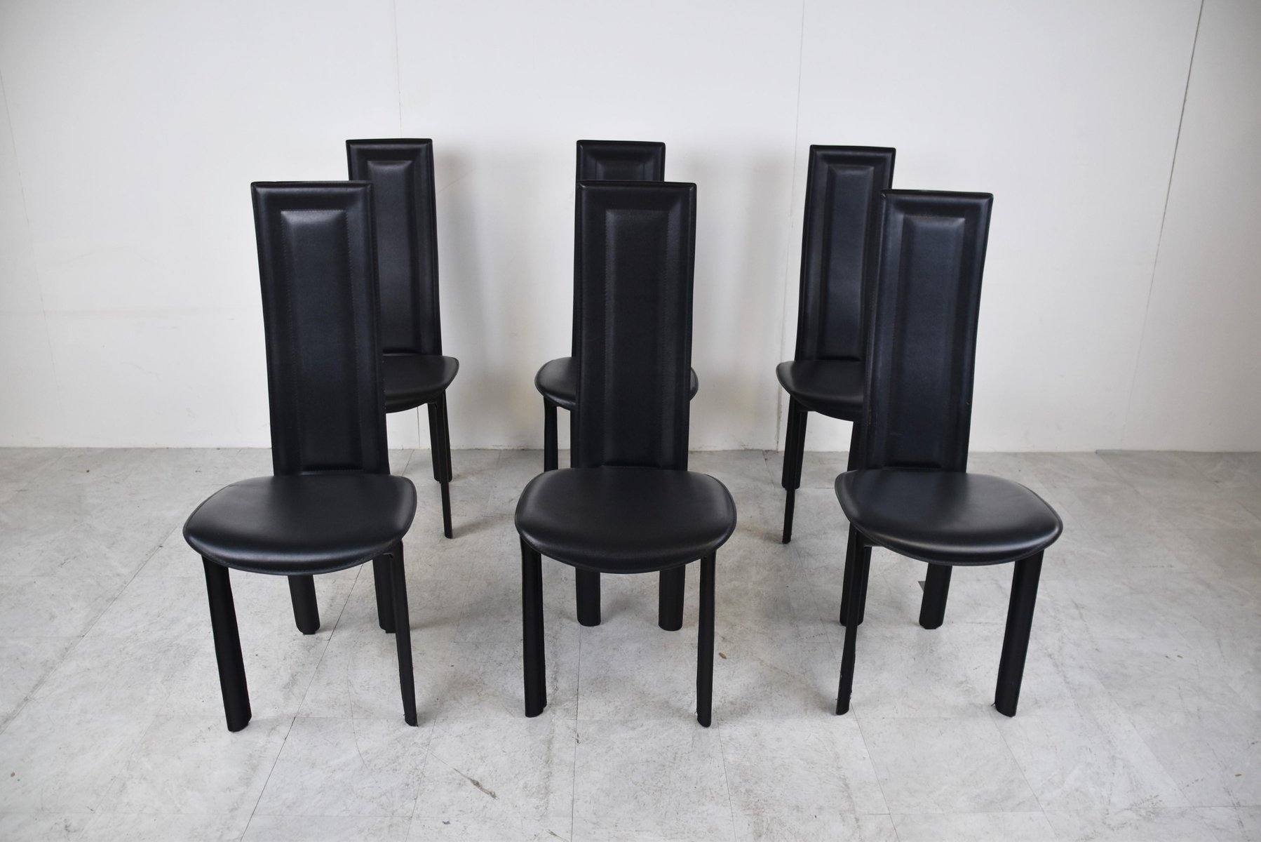 Vintage Black Leather Dining Chairs, 1980s, Set of 6 for sale at Pamono
