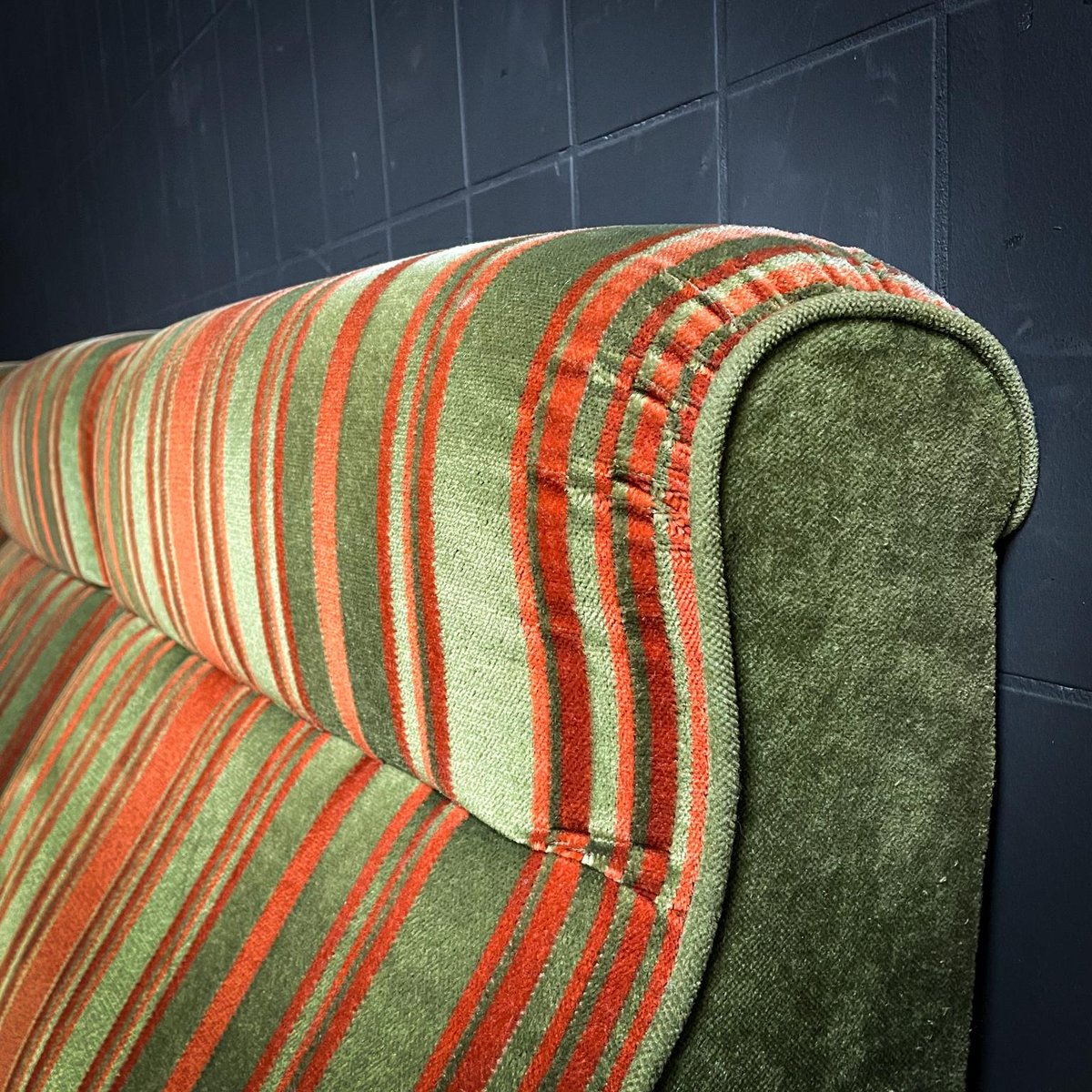 Midcentury Design Velvet Fabric Corner Sofa Green with Orange Stripes for sale at Pamono