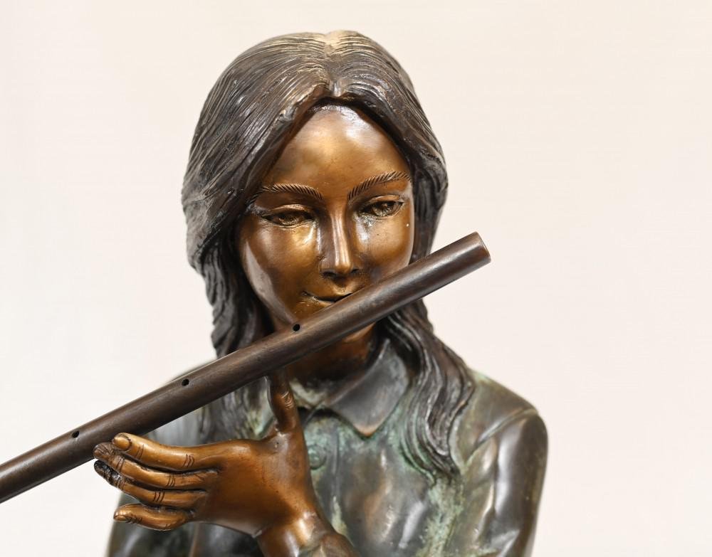 Female Bronze Flute Player Statue Seated Girl Casting for sale at Pamono