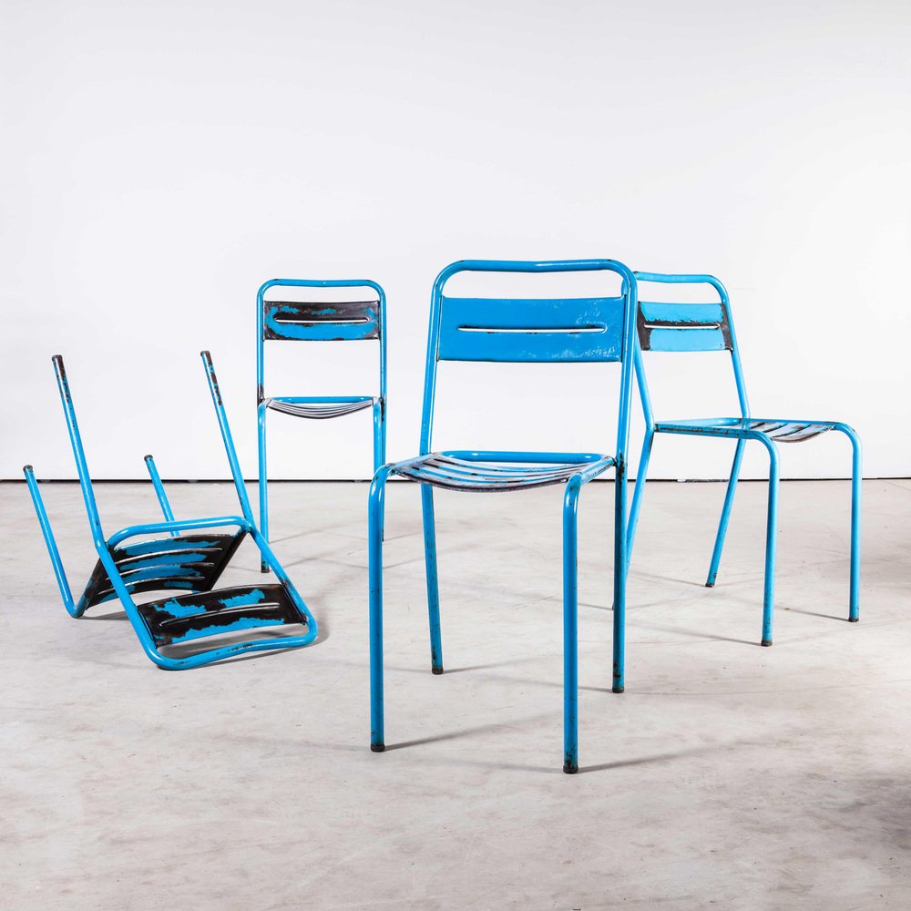 Französische Stapelstühle aus blauem Metall von Tolix, 1950er, 4er Set