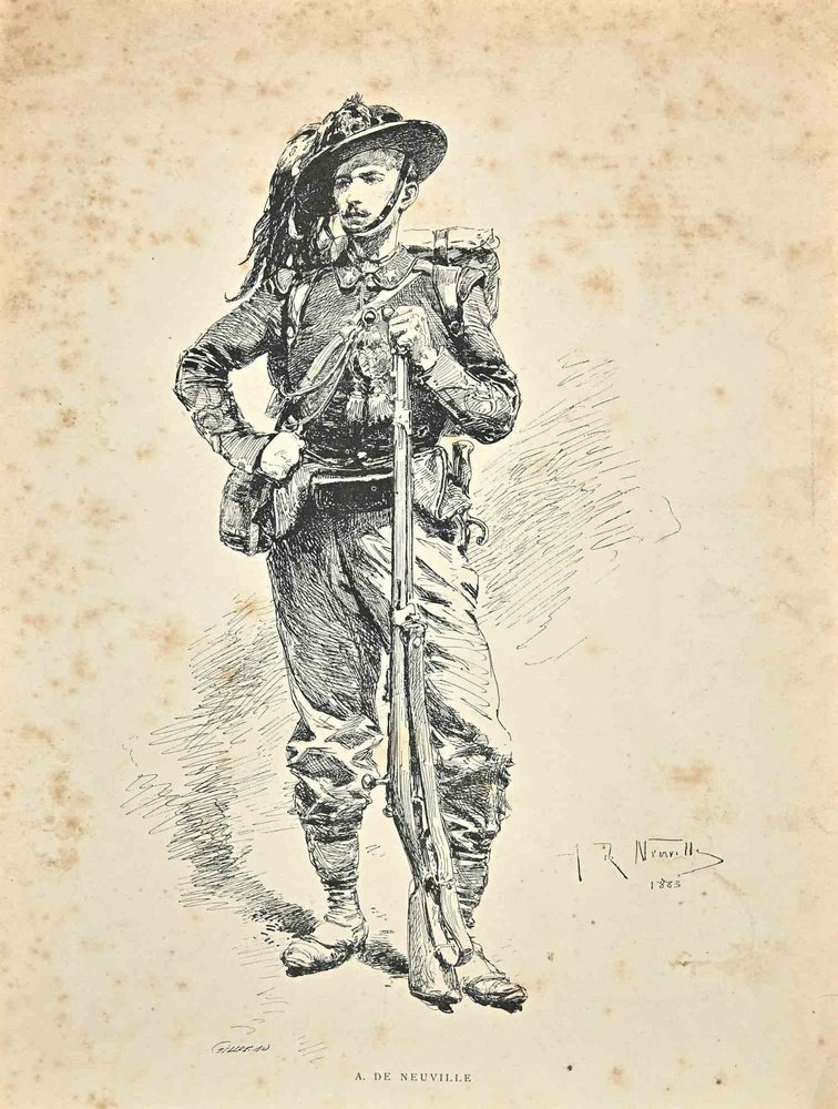 TABLEAU PASTEL VINTAGE portrait soldat mitrailleur signé EUR 70,42