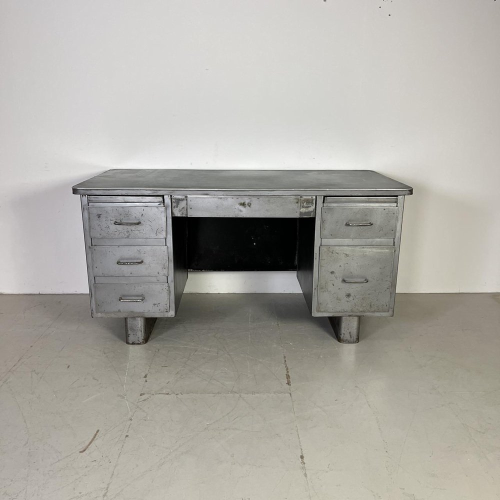 Vintage Double Pedestal Polished Steel Tanker Desk for sale at Pamono
