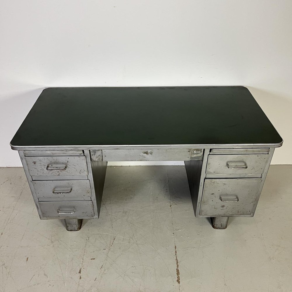 Vintage Double Pedestal Polished Steel Tanker Desk for sale at Pamono