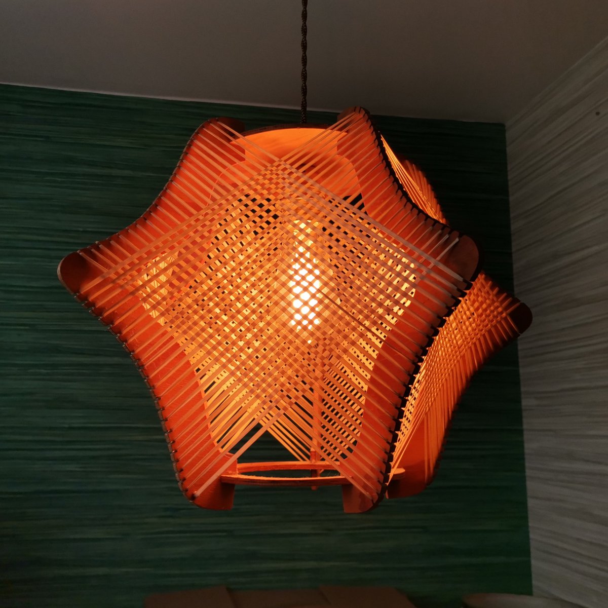 Large MidCentury Modern Wood Straw Wooden Hanging Light Fixture Lamp