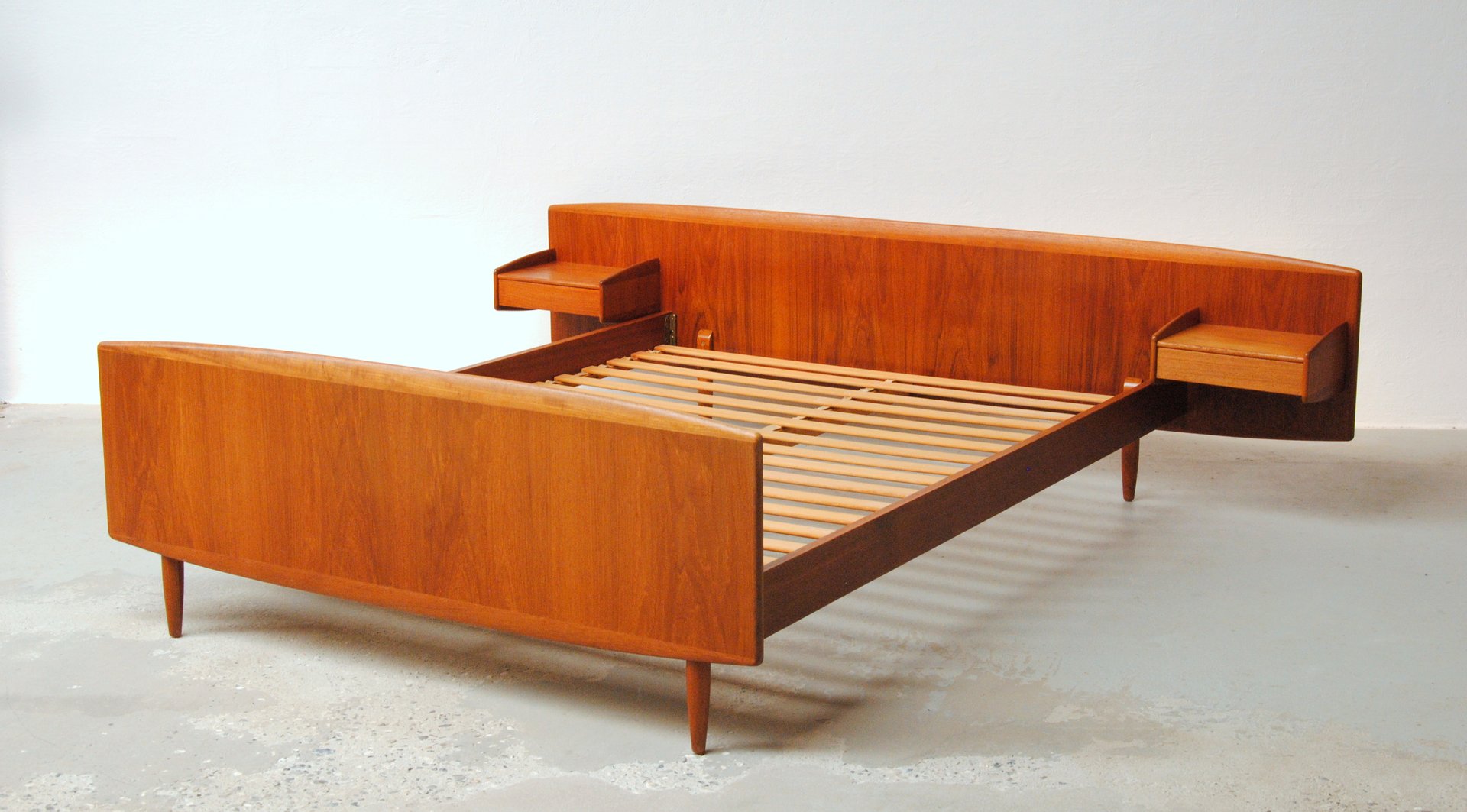 Danish Bed Frame in Teak with Integrated Nightstands by Melvin