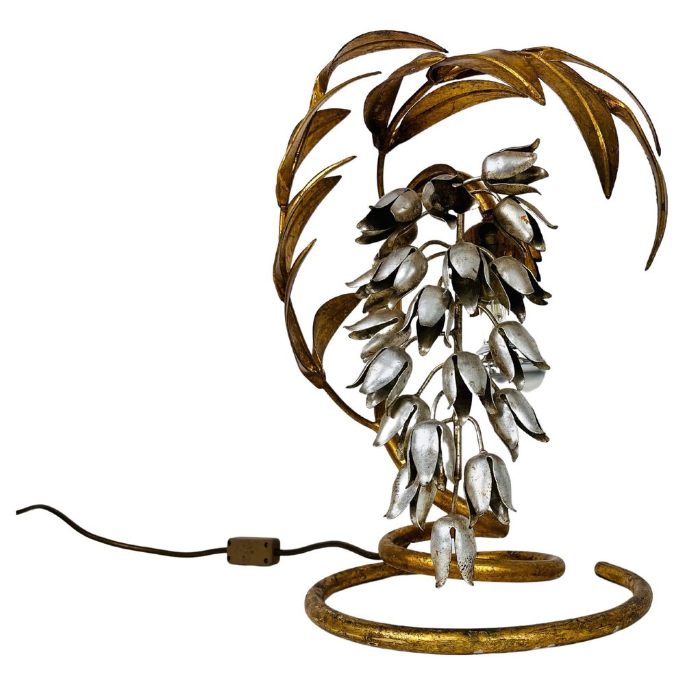 Lampe De Table Vintage - Métal, Tôle, Bois, Roseau Fleur - Style Masca Kogl Hans - Multicolore