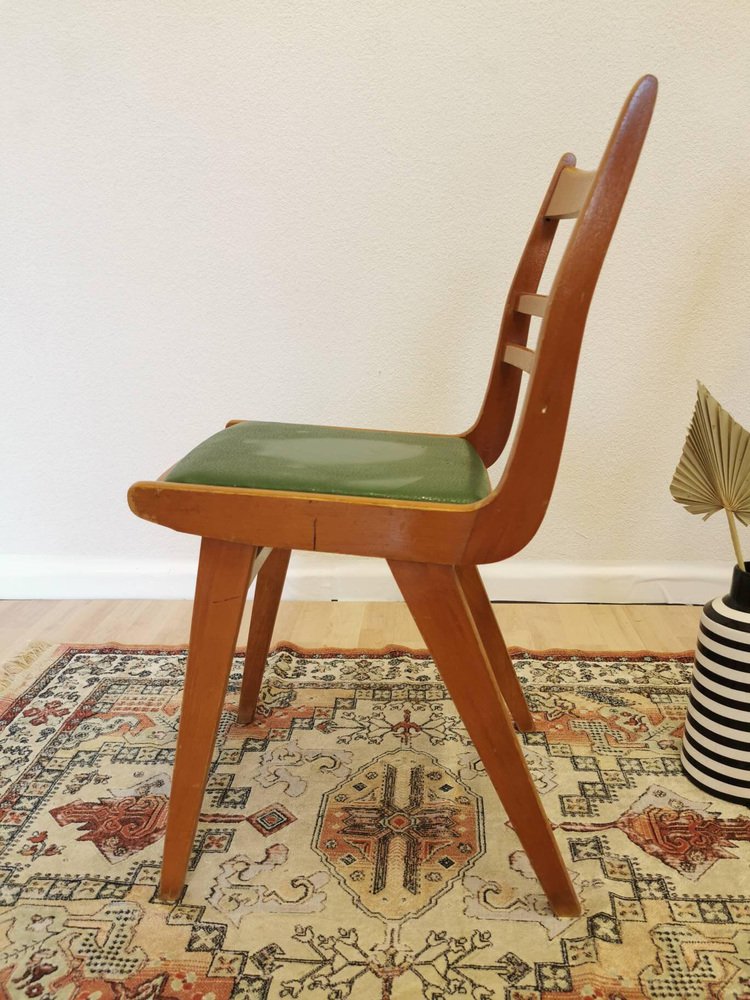 Wood Dining Chair with Green Leather Seat from Lip Radomlje, Yugoslavia