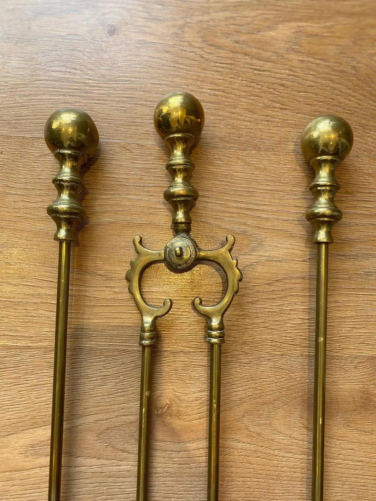 Antique Victorian Gothic Fire Companion Set in Brass, 1800s, Set of 3