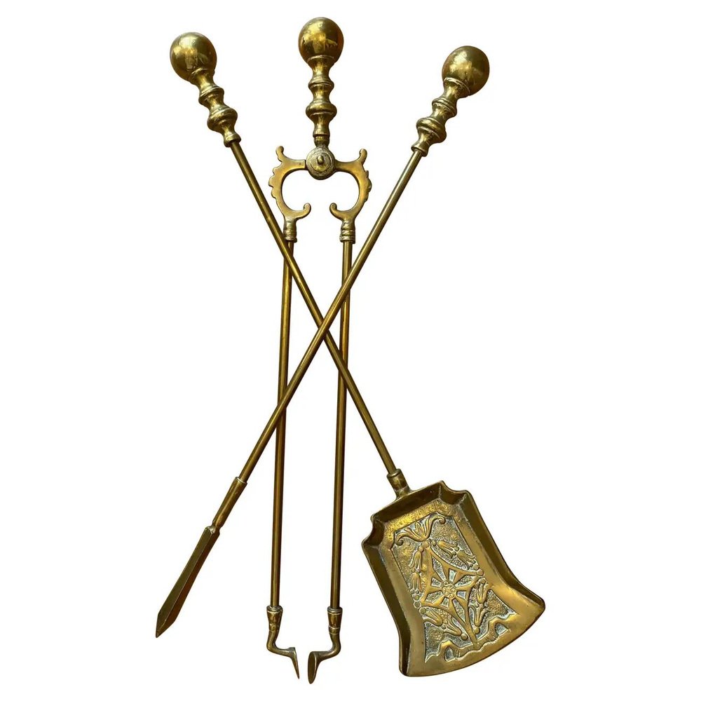 Antique Victorian Gothic Fire Companion Set in Brass, 1800s, Set of 3
